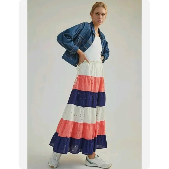 Anthropologie Fantine Maxi Colorblock Cotton Pullon Skirt size XL
